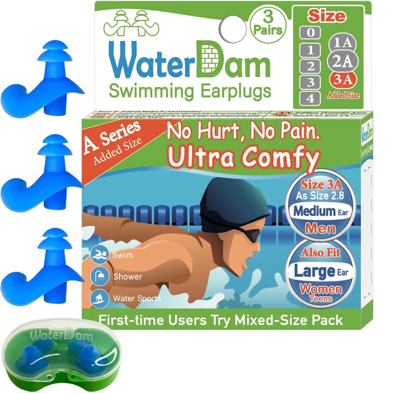 سدادات أذن للسباحة من WaterDam A-Series، سدادات أذن رائعة ومريحة للغاية مقاومة للماء (مقاس 3A مقاس 3A+3A+3A: أذن متوسطة للرجال وأذن كبيرة للمراهقين والنساء (أزرق أزرق أزرق)) - Image 1